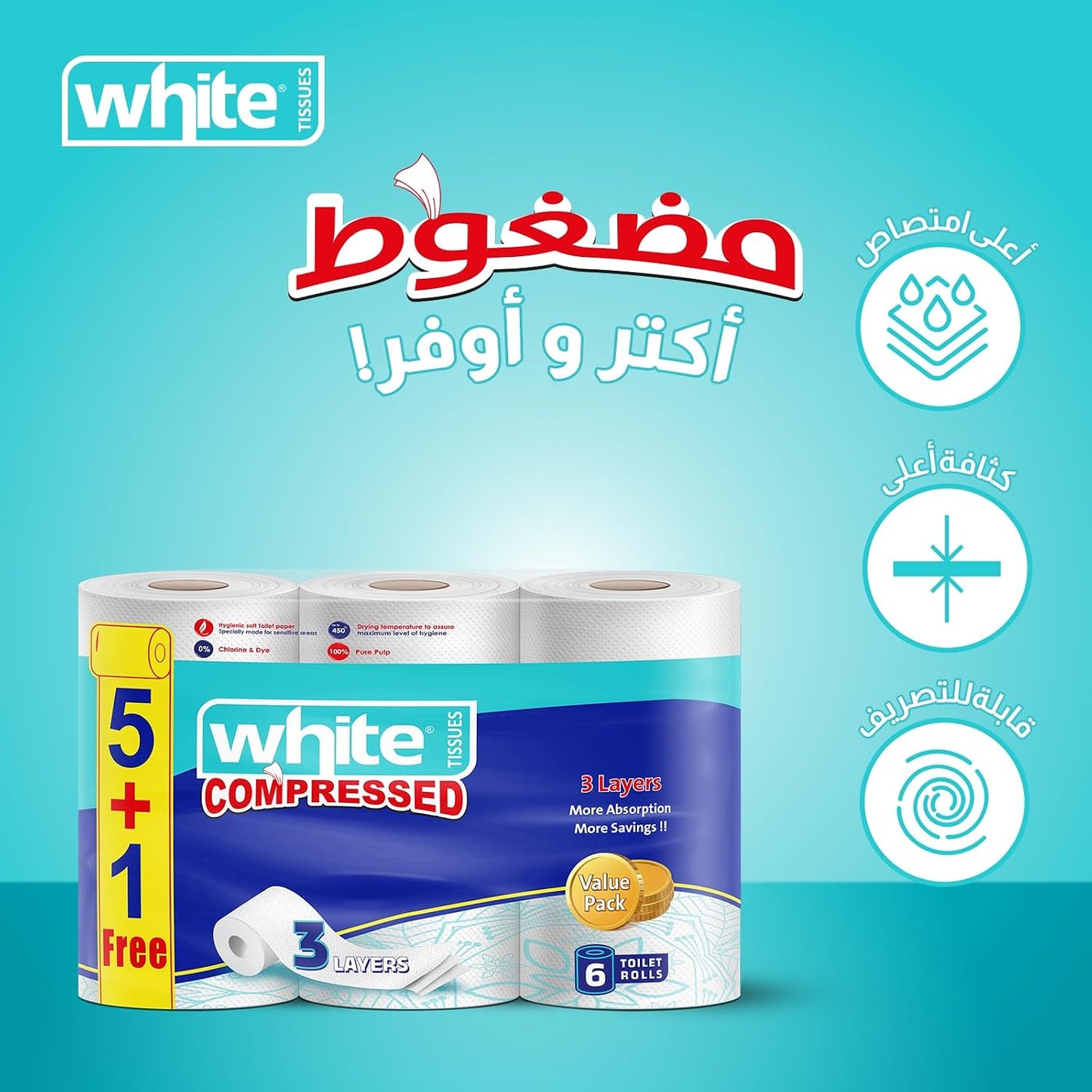 White compressed toilet rolls, 3 ply, 6 rolls