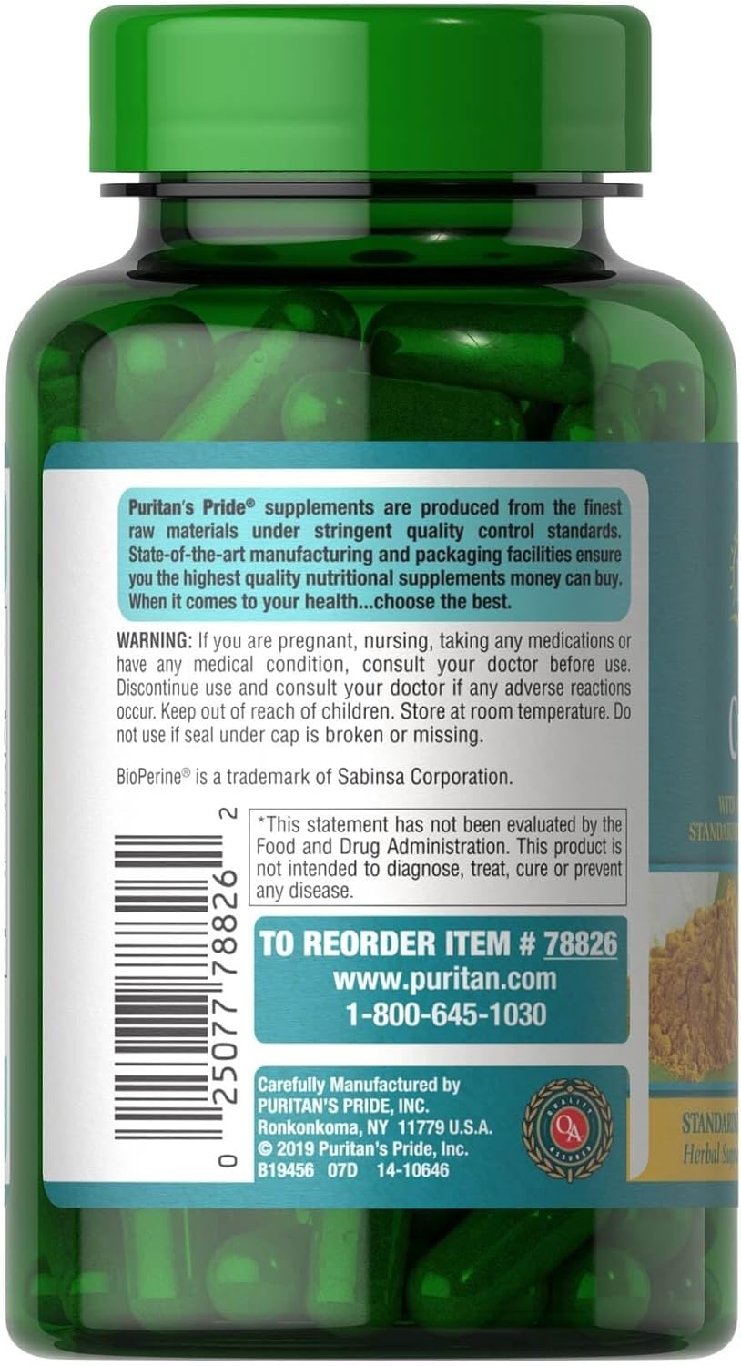 Puritan's Pride Turmeric Curcumin, 1000mg, With Turmeric Extract Standardized to 95% Curcuminoids, Herbal Antioxidant Supplement, 60 Rapid Release Capsules, Made in USA