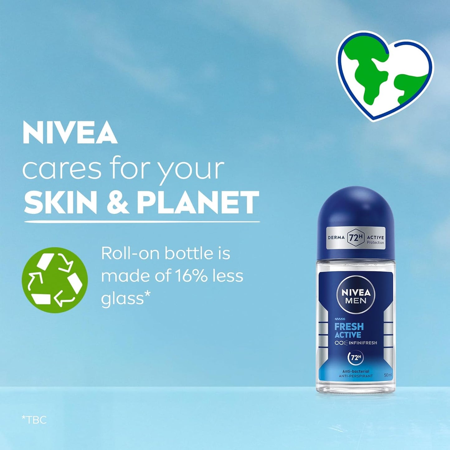 NIVEA MEN Fresh Active, Antibacterial Deodorant Roll-On 50ml for Men, 72H Protection, with Infini Fresh Formula, Long-Lasting Freshness