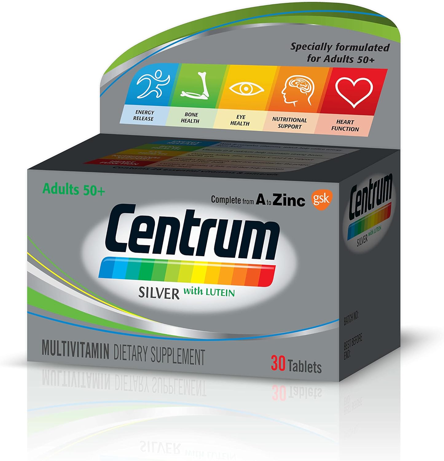 Centrum Silver with Lutein Multivitamin, Multimineral Supplements, for adults 50 + with Zinc, Vitamin B, D & Magnesium, 30 Tablets
