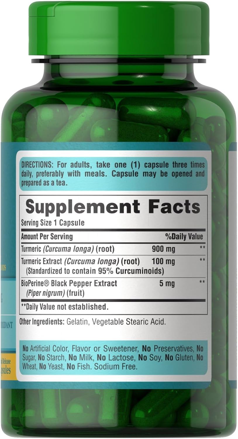 Puritan's Pride Turmeric Curcumin, 1000mg, With Turmeric Extract Standardized to 95% Curcuminoids, Herbal Antioxidant Supplement, 60 Rapid Release Capsules, Made in USA