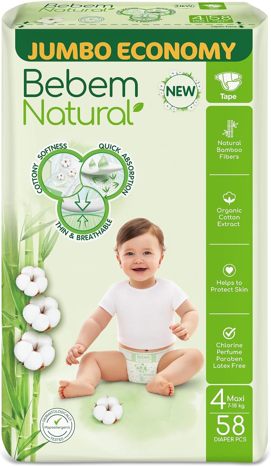 Bebem Natural - Baby Diapers - Jumbo Pack - Maxi Size 4 - 58 Pieces