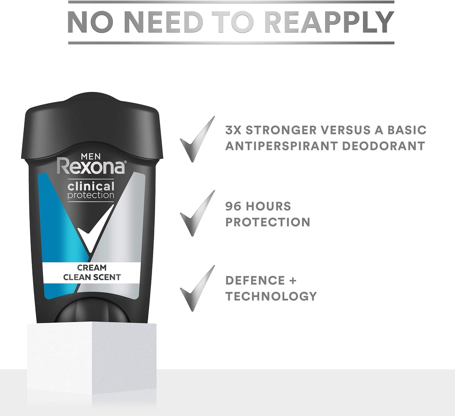 Rexona Men Clinical Antiperspirant Cream Stick Deodorant Clean Scent, 45ml, 96 Hour Protection