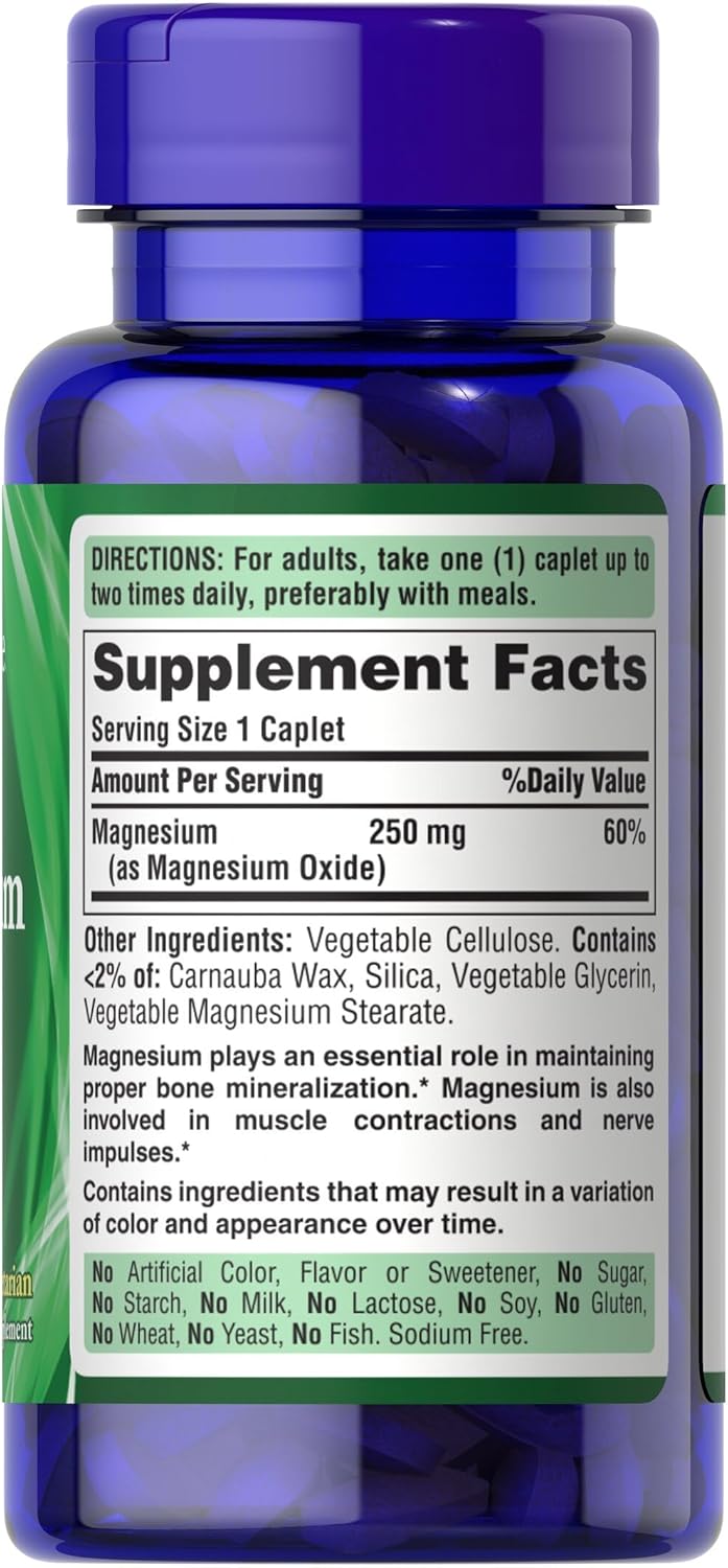 Puritan’s Pride Magnesium, 250mg, Vegetarian Dietary Supplement, Supports Daily Wellness, 100 Coated Caplets, Made in USA