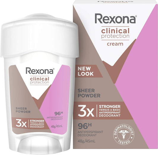 Rexona Women Clinical Antiperspirant Cream Stick Deodorant Sheer Powder, 45ml, 96 Hour Protection