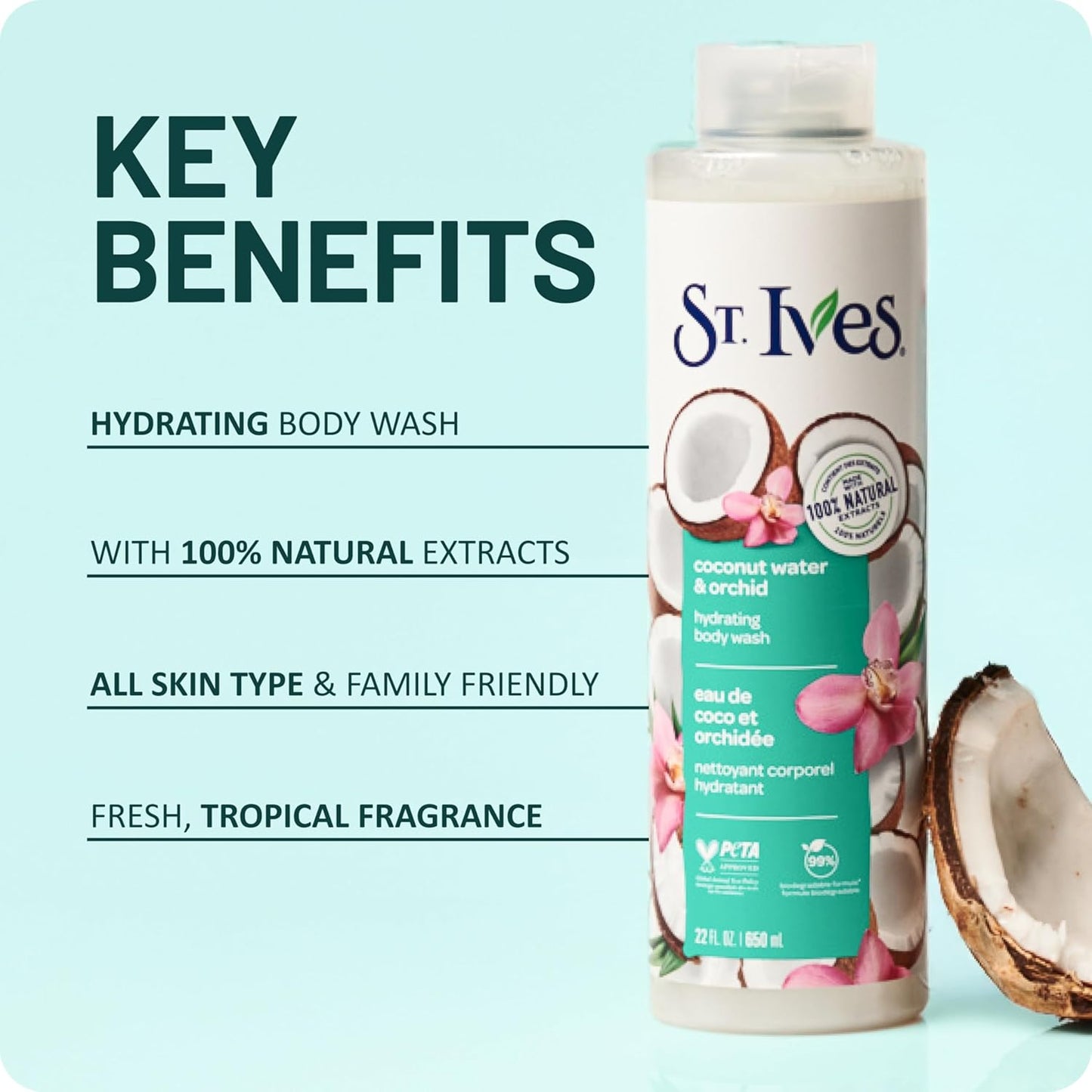 St. ives coconut water & orchid hydrating body wash 100% natural 22 oz.