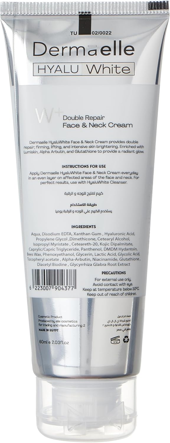 Dermaelle Hyalu White Face & Neck Cream – Brightening Moisturizer for Uneven Skin Tone, Glow, Hydration & Smooth Skin