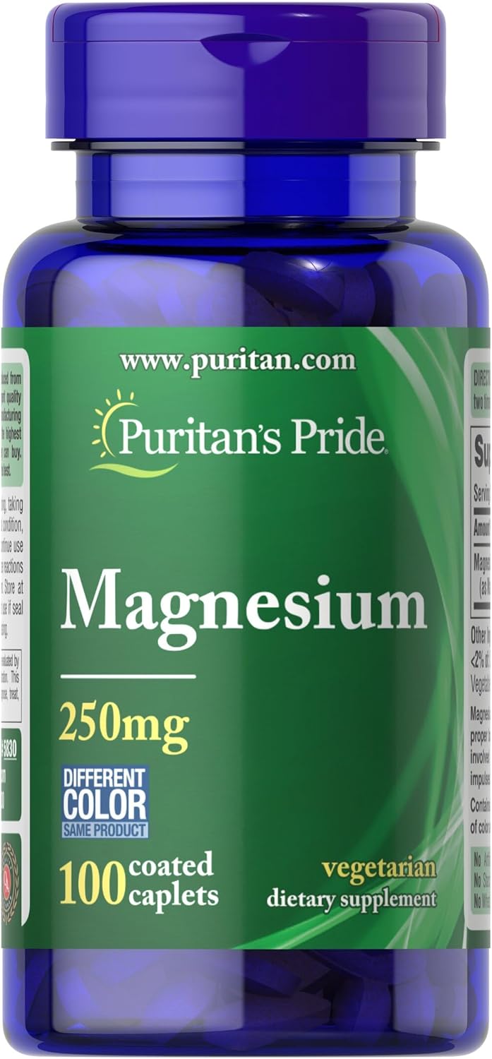 Puritan’s Pride Magnesium, 250mg, Vegetarian Dietary Supplement, Supports Daily Wellness, 100 Coated Caplets, Made in USA