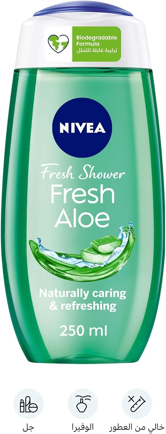 NIVEA Shower Gel Body Wash, Fresh Aloe Natural Aloe Vera Fresh Scent, 250ml