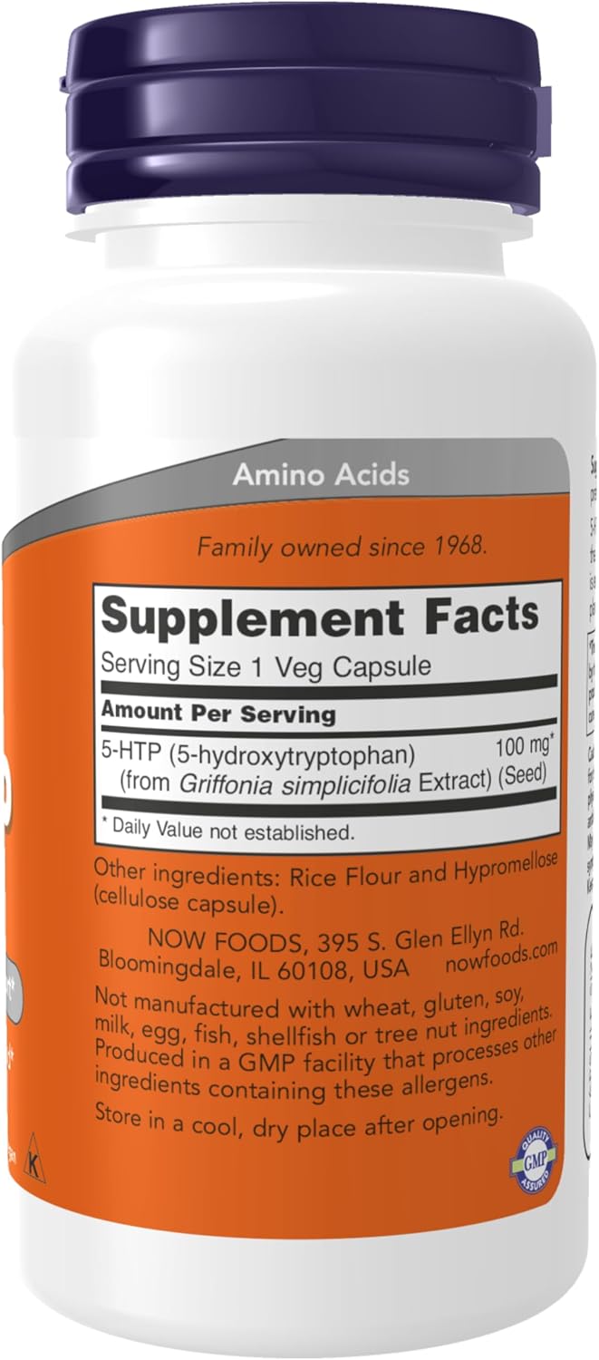 NOW Suplementos, 5-HTP (5-hidroxitriptófano) 100 mg, soporte de neurotransmisores*, 60 cápsulas vegetales