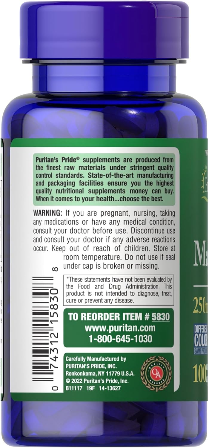 Puritan’s Pride Magnesium, 250mg, Vegetarian Dietary Supplement, Supports Daily Wellness, 100 Coated Caplets, Made in USA