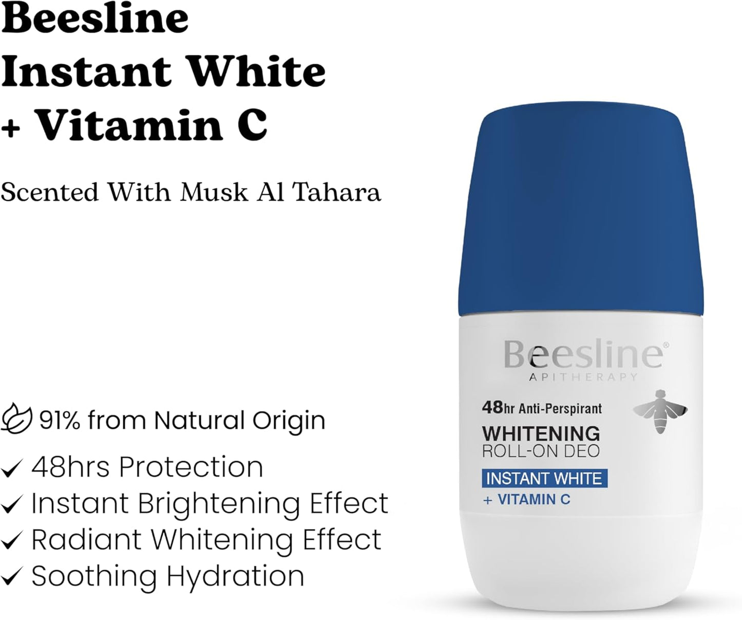 Beesline Whitening Roll-On Deo - Instant White Vitamin C, White Sapphire 48h Protection - 50 ml