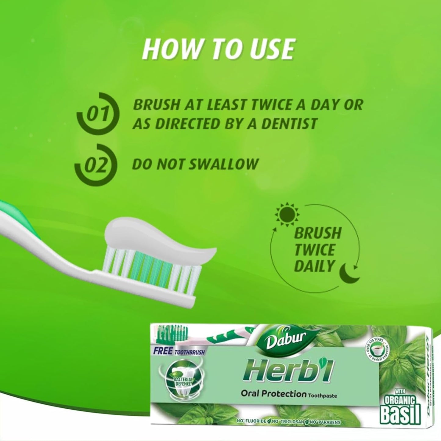 Dabur Herbal Basil Natural Toothpaste (140g) with Toothbrush | Complete Oral Protection | Prevents Tooth Decay | Fights Bad Breath
