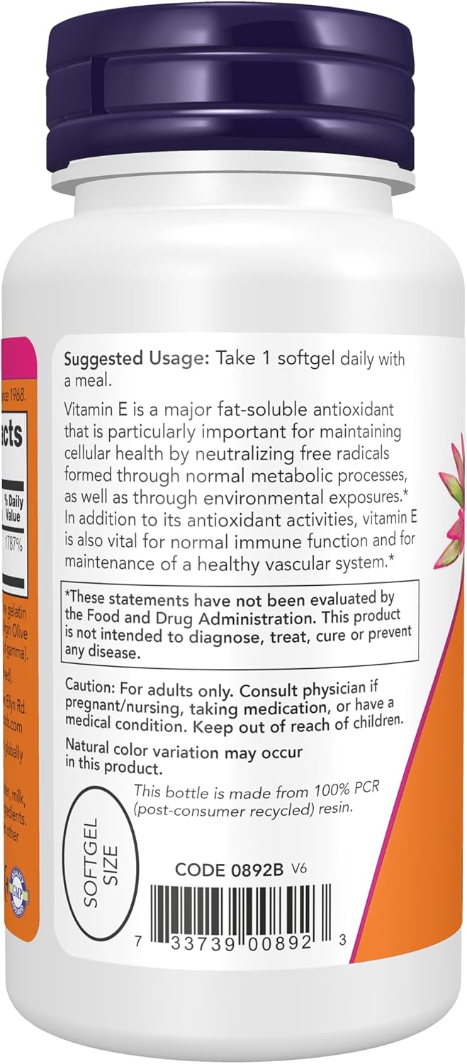 NOW Suplementos, Vitamina E-400 UI Tocoferoles Mixtos, Protección Antioxidante*, 100 Cápsulas Blandas