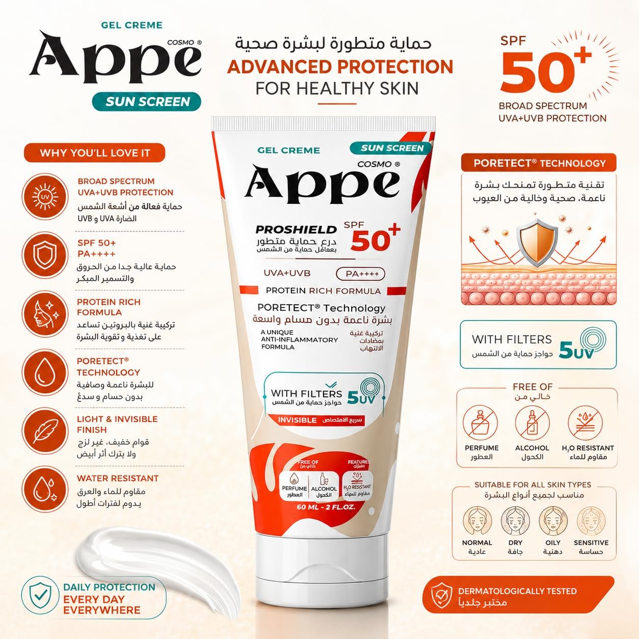 COSMO APPE Sunscreen Gel Cream SPF 50+, 60ml, Water & Sweat Resistant