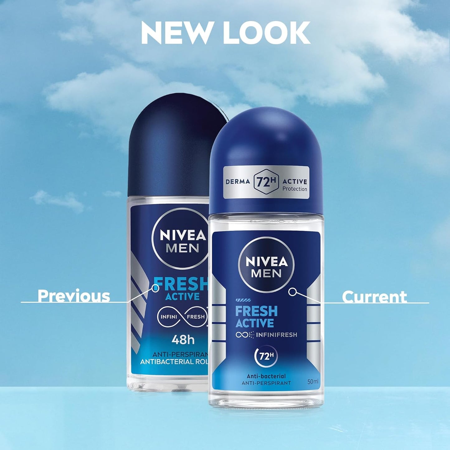 NIVEA MEN Fresh Active, Antibacterial Deodorant Roll-On 50ml for Men, 72H Protection, with Infini Fresh Formula, Long-Lasting Freshness