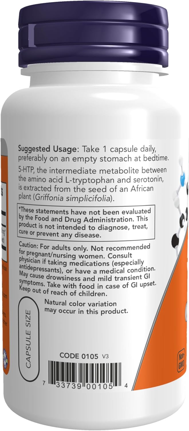 NOW Suplementos, 5-HTP (5-hidroxitriptófano) 100 mg, soporte de neurotransmisores*, 60 cápsulas vegetales