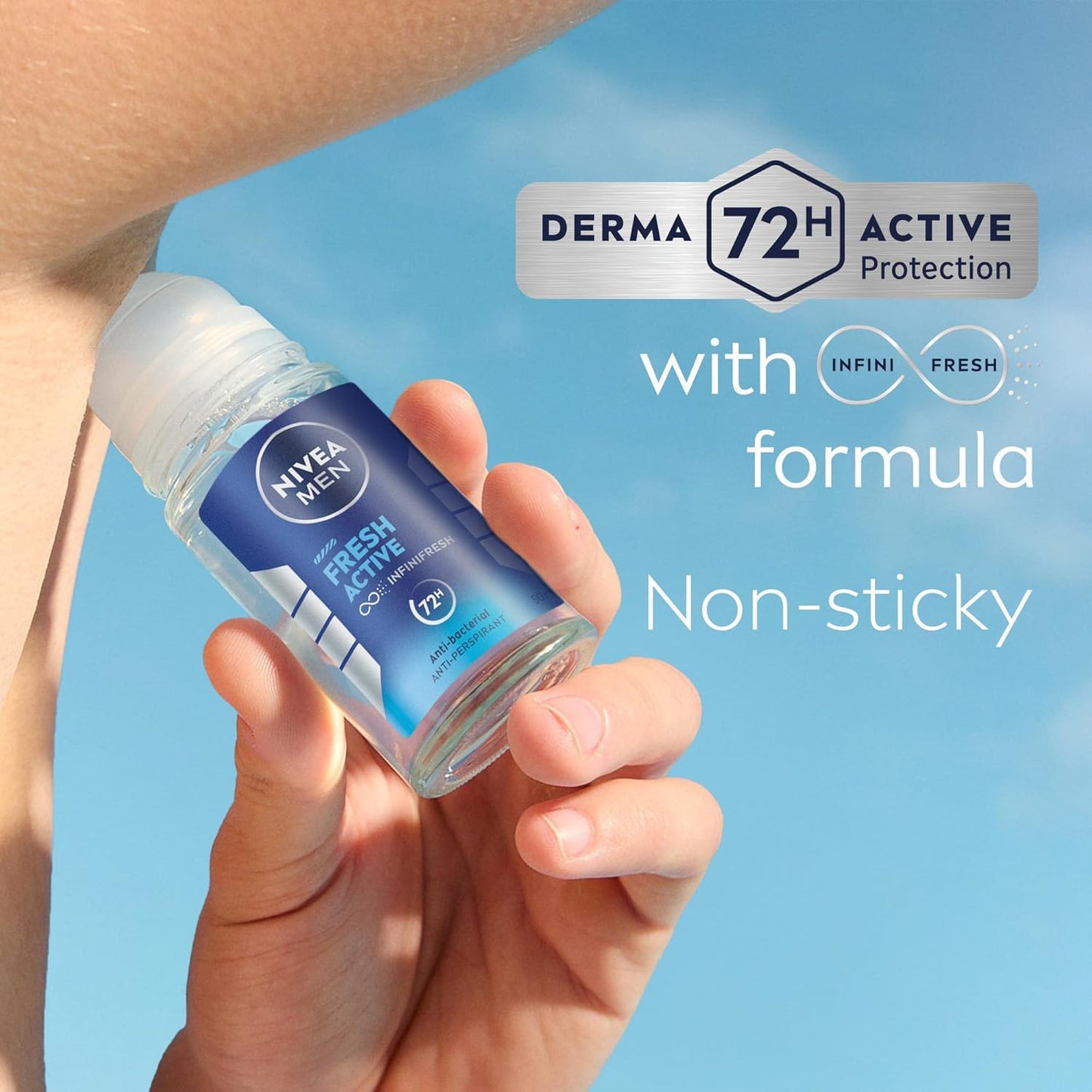 NIVEA MEN Fresh Active, Antibacterial Deodorant Roll-On 50ml for Men, 72H Protection, with Infini Fresh Formula, Long-Lasting Freshness