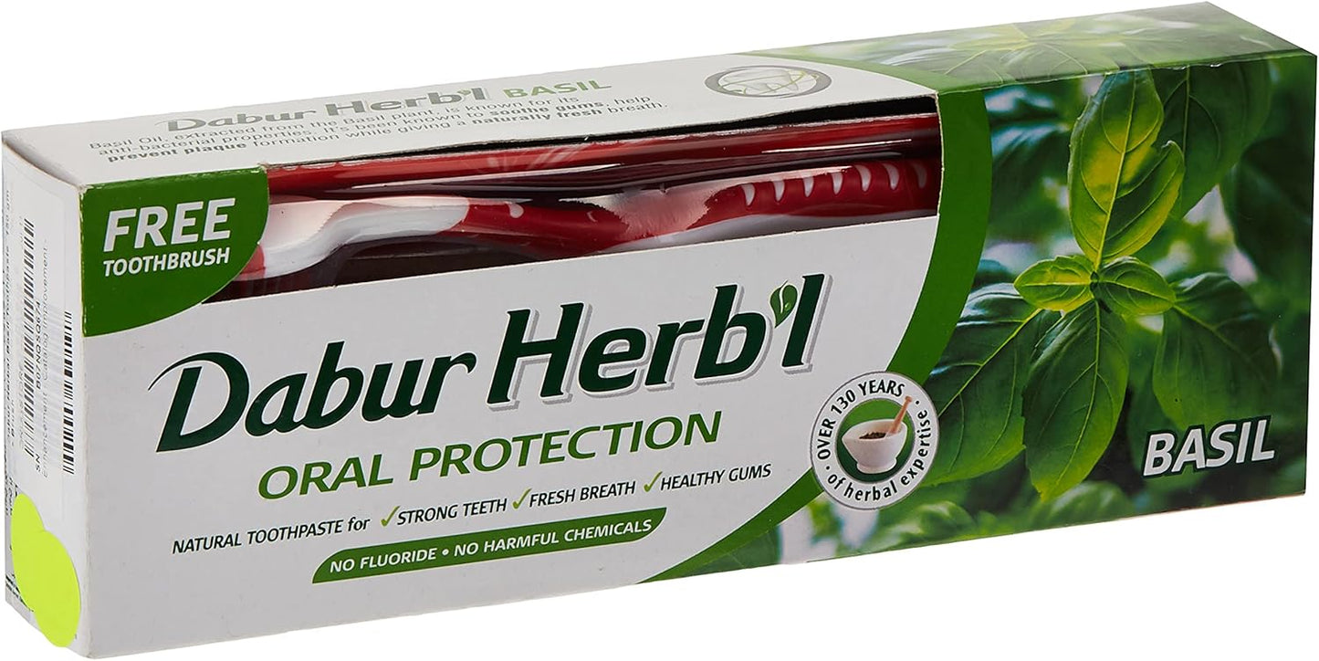 Dabur Herbal Basil Natural Toothpaste (140g) with Toothbrush | Complete Oral Protection | Prevents Tooth Decay | Fights Bad Breath