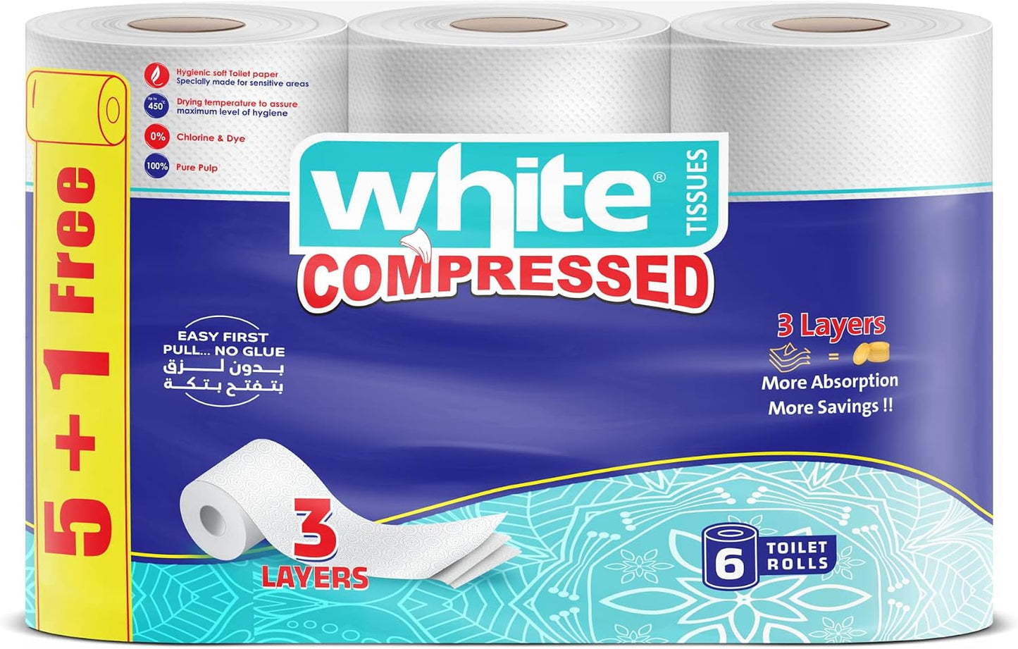 White compressed toilet rolls, 3 ply, 6 rolls