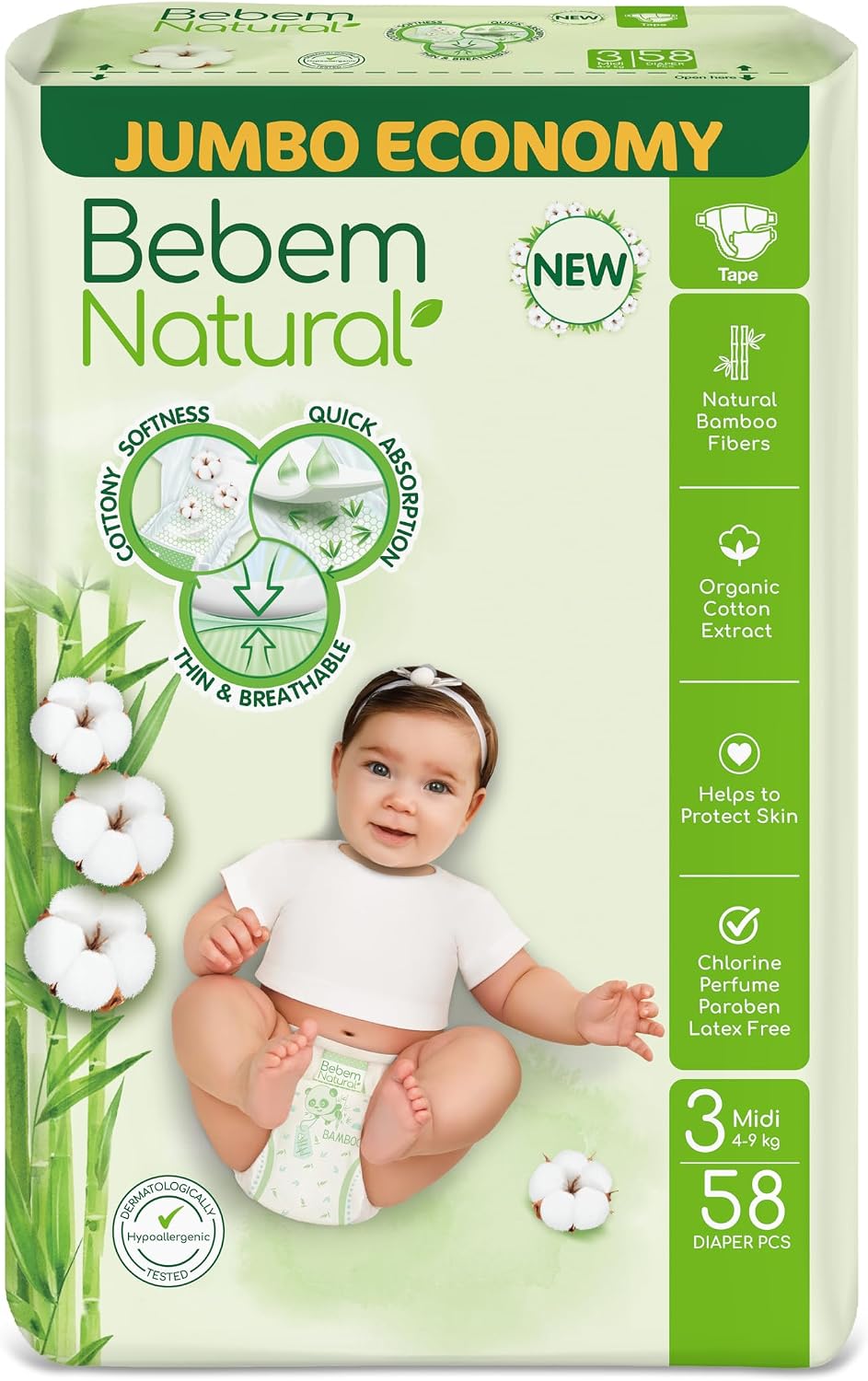 Bebem Natural Baby Diapers Open Diapers Size 2,3-6KG, Jumbo Pack, 58 Units, Organic Cotton & Bamboo Fibers