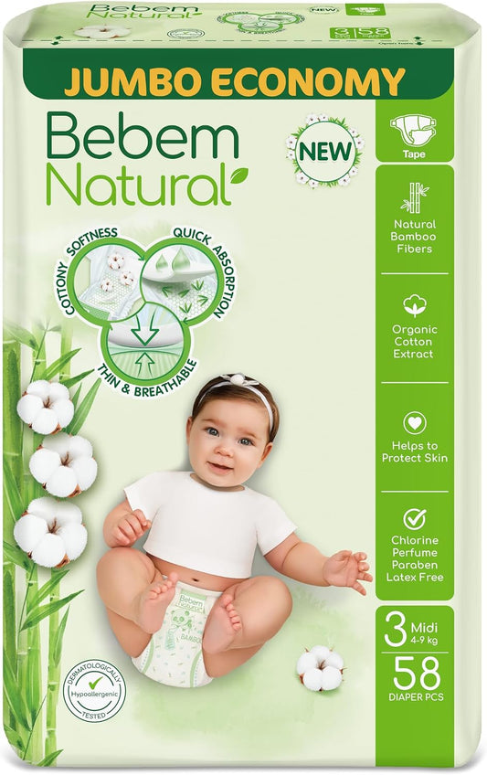 Bebem Natural Baby Diapers Open Diapers Size 2,3-6KG, Jumbo Pack, 58 Units, Organic Cotton & Bamboo Fibers