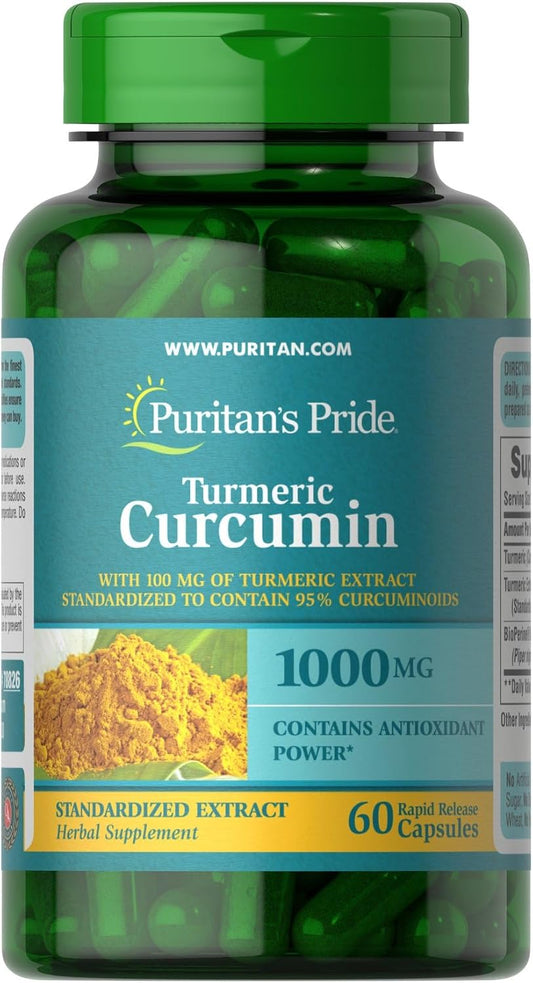 Puritan's Pride Turmeric Curcumin, 1000mg, With Turmeric Extract Standardized to 95% Curcuminoids, Herbal Antioxidant Supplement, 60 Rapid Release Capsules, Made in USA