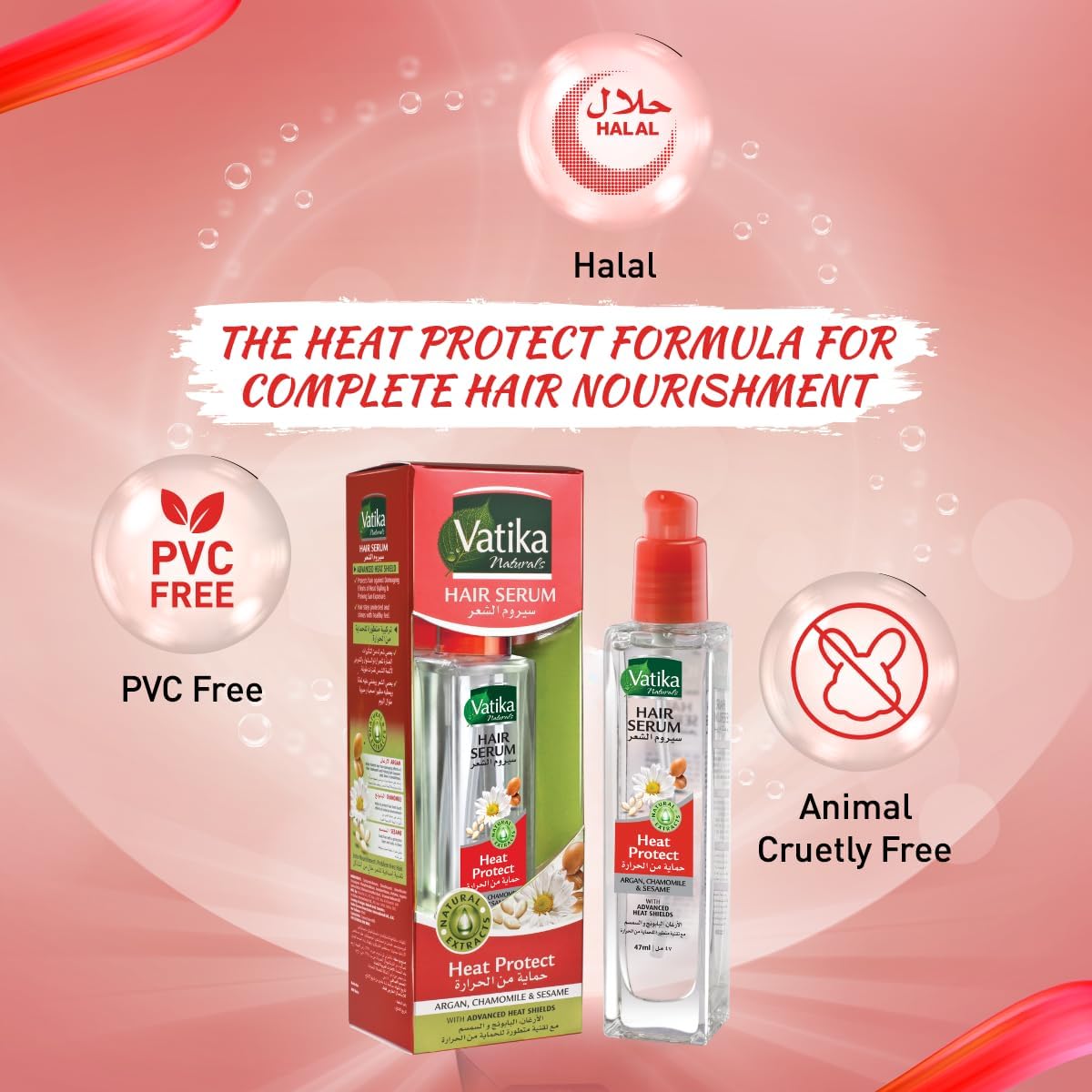 Vatika Naturals Heat Protect Hair Serum (47mL) | Natural Extracts of Argan, Chamomile and Seasame | Advanced Heat Shields for Hair