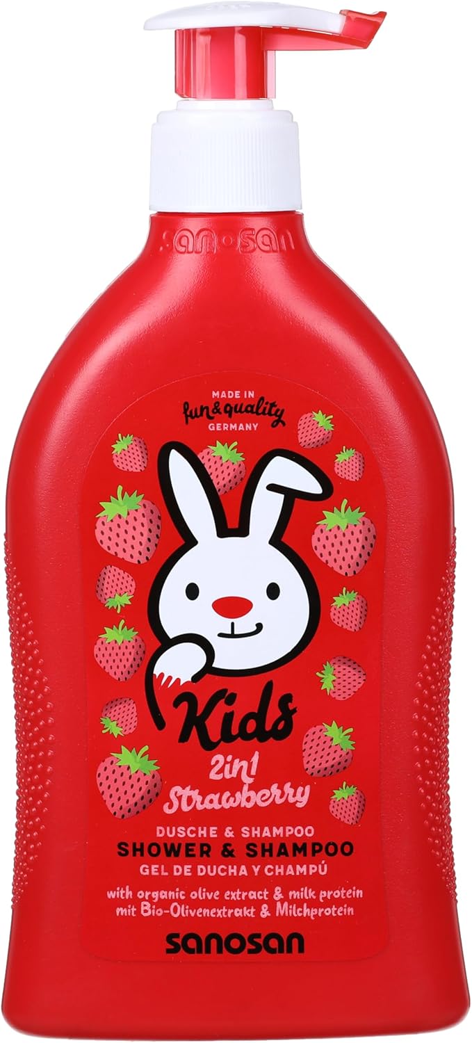 sanosan 2-in-1 Shower & Shampoo Strawberry for Children & Baby, 400 ml, Shower Gel & Hair Shampoo with Organic Olive Extract & Milk Protein, Hair Care, Skin Care, Shower Gel, Hair Shampoo