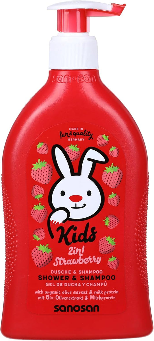 sanosan 2-in-1 Shower & Shampoo Strawberry for Children & Baby, 400 ml, Shower Gel & Hair Shampoo with Organic Olive Extract & Milk Protein, Hair Care, Skin Care, Shower Gel, Hair Shampoo
