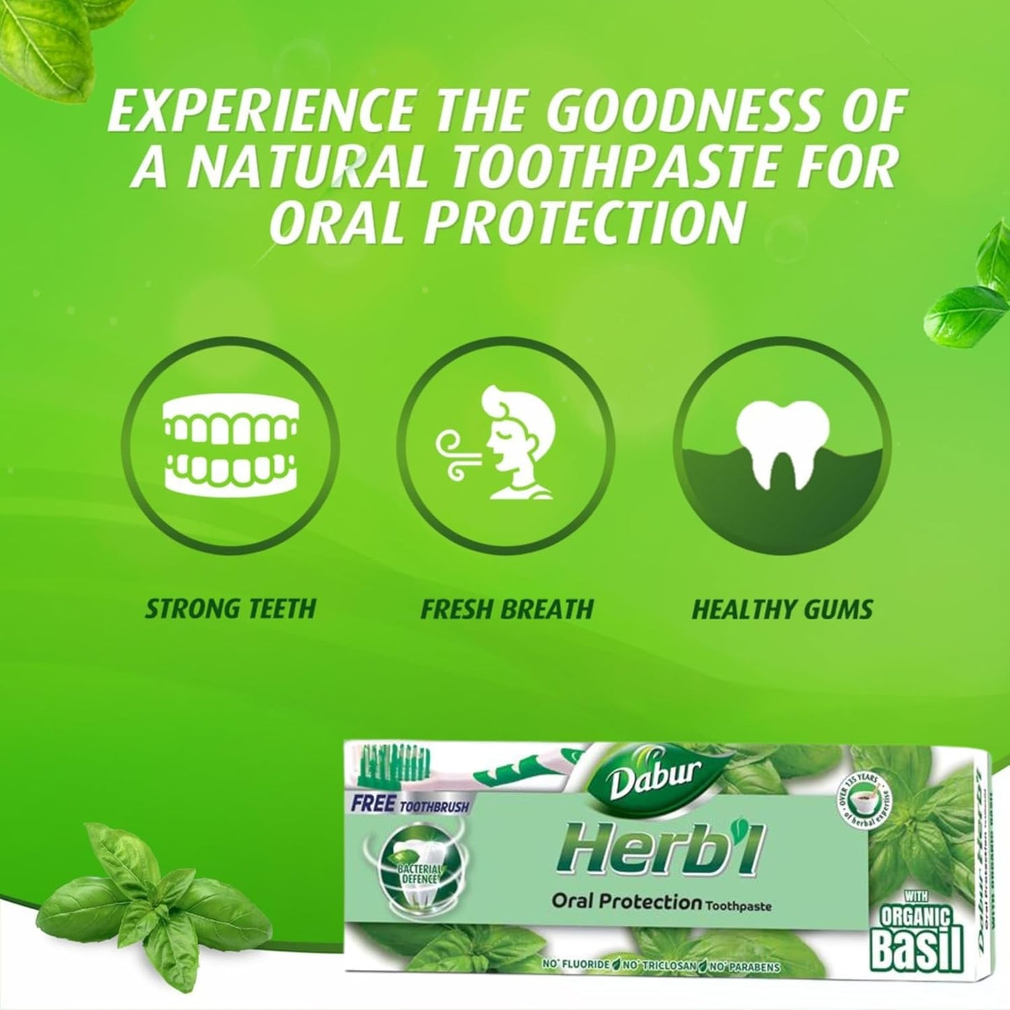 Dabur Herbal Basil Natural Toothpaste (140g) with Toothbrush | Complete Oral Protection | Prevents Tooth Decay | Fights Bad Breath