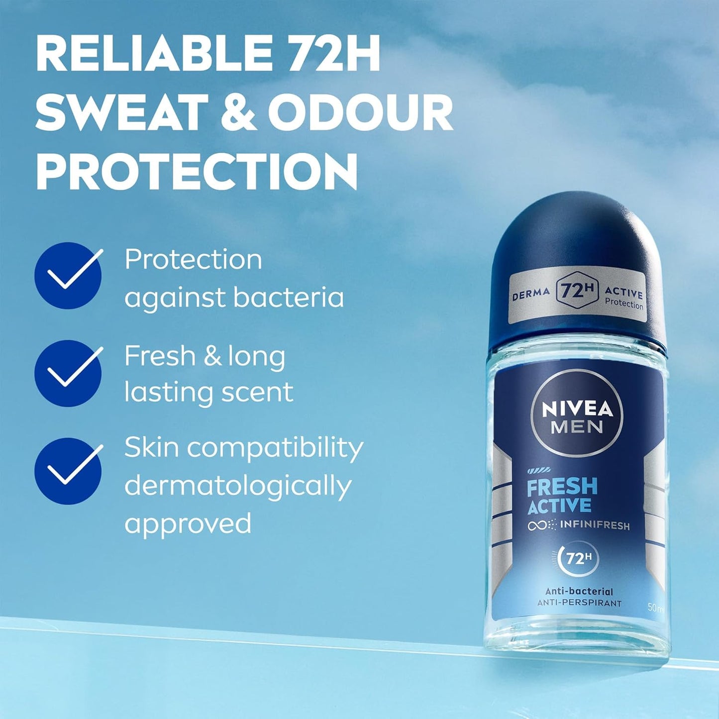 NIVEA MEN Fresh Active, Antibacterial Deodorant Roll-On 50ml for Men, 72H Protection, with Infini Fresh Formula, Long-Lasting Freshness