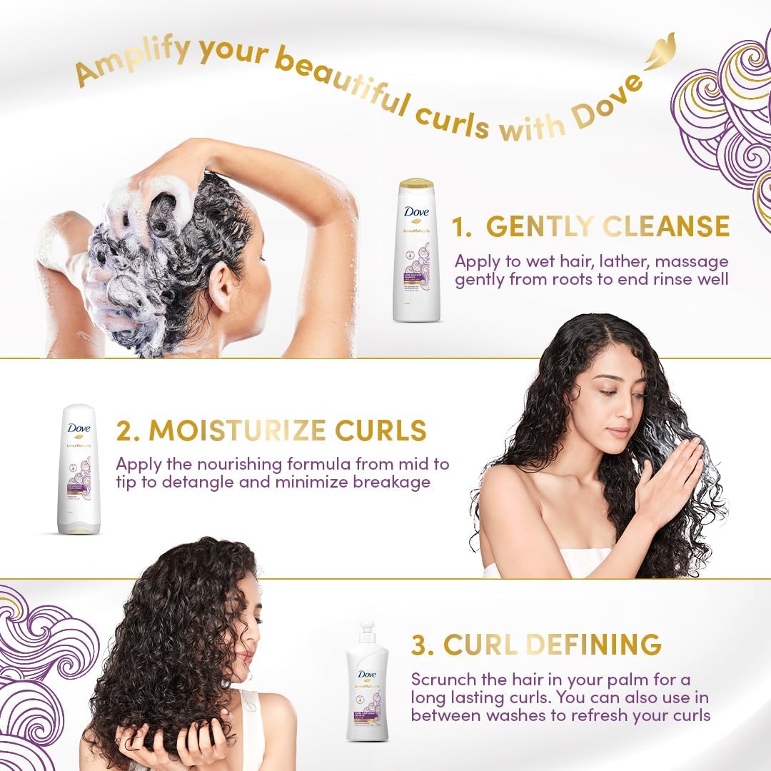 Dove Beautiful Curls shampoo, low sulfate, infused with aloe vera & jojoba oil, gently removes product build-up to restore shine and mositure for a clean hydrated, healthy curls 350ml