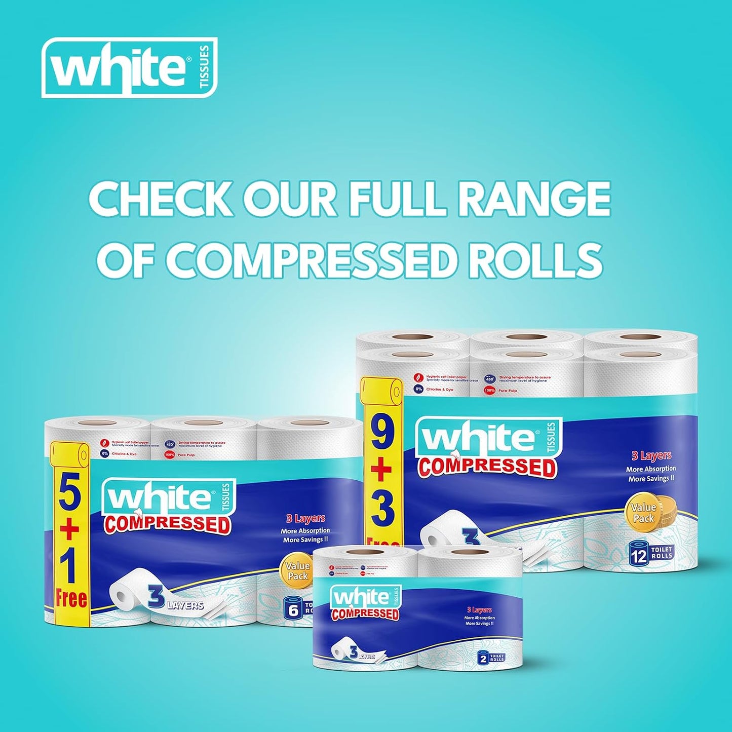 White compressed toilet rolls, 3 ply, 6 rolls
