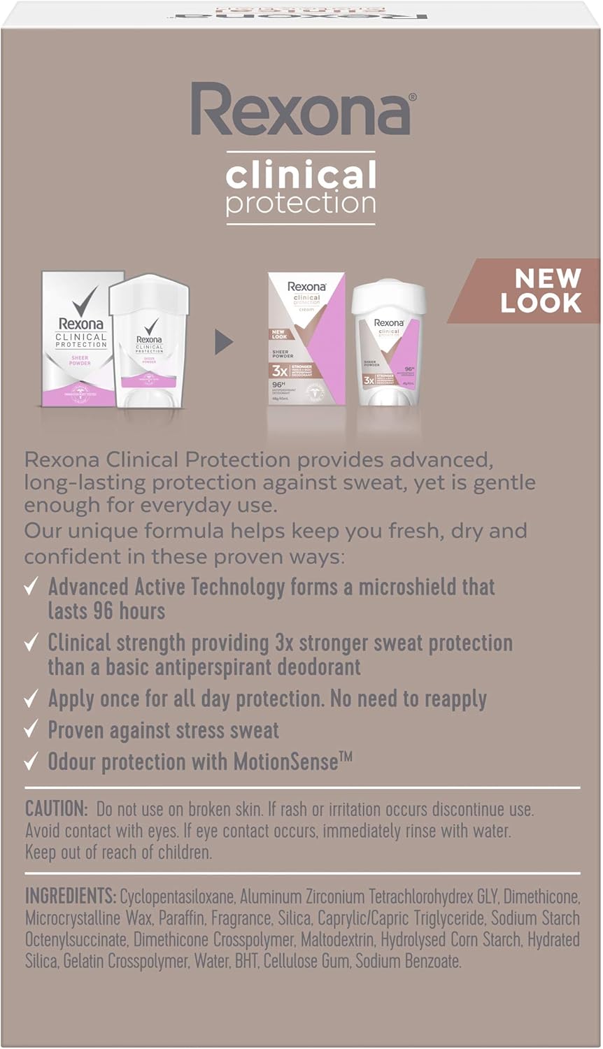 Rexona Women Clinical Antiperspirant Cream Stick Deodorant Sheer Powder, 45ml, 96 Hour Protection