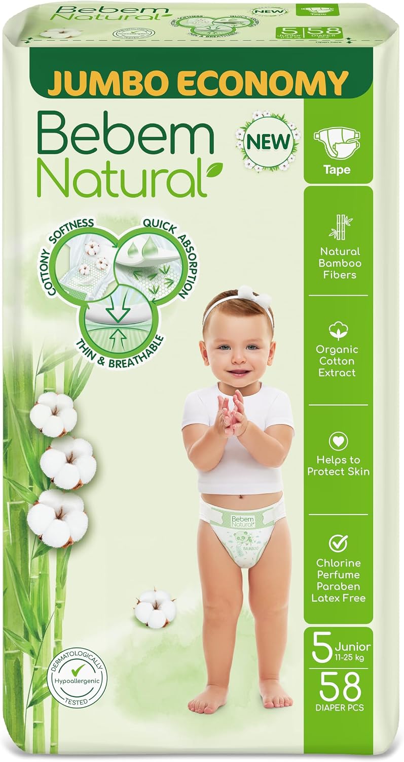 Bebem Natural Baby Diapers Open Diapers Size 4,9-14 KG, Jumbo Pack, 58 Units, Organic Cotton & Bamboo Fibers