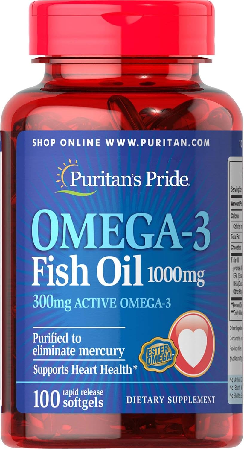 Puritan's Pride Omega-3 Fish Oil 1000mg, 300mg Active Omega-3, Softgels, 100ct