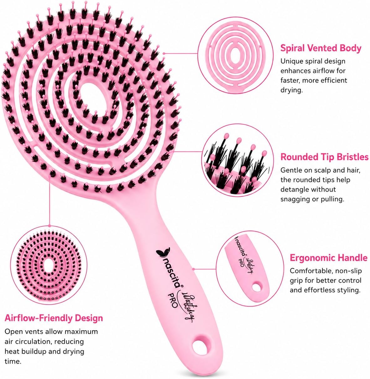 Nascita Professional Detangling Hair Brush for Wet & Dry Hair, Vented Design with Rounded Tip Bristles, Ergonomic Handle, Gentle Styling for Curly & Straight Hair, Pink