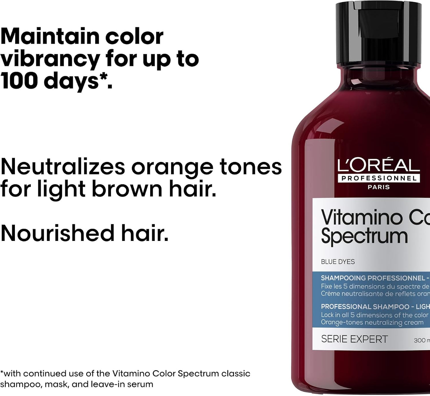 L'Oréal Professionnel Vitamino Color Spectrum Blue Tinted Shampoo 300ml, For Light Brown Coloured Hair, With Ferulic Acid + Citric Acid, Neutralise Undesired Orange Undertones
