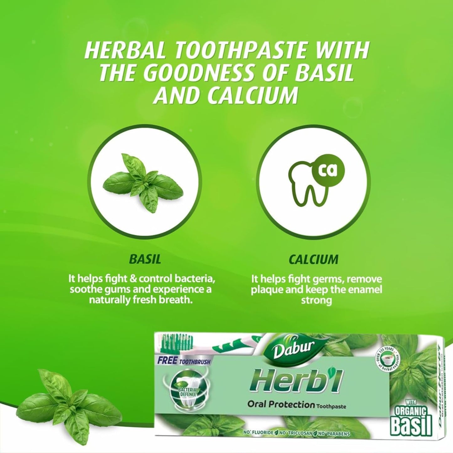 Dabur Herbal Basil Natural Toothpaste (140g) with Toothbrush | Complete Oral Protection | Prevents Tooth Decay | Fights Bad Breath