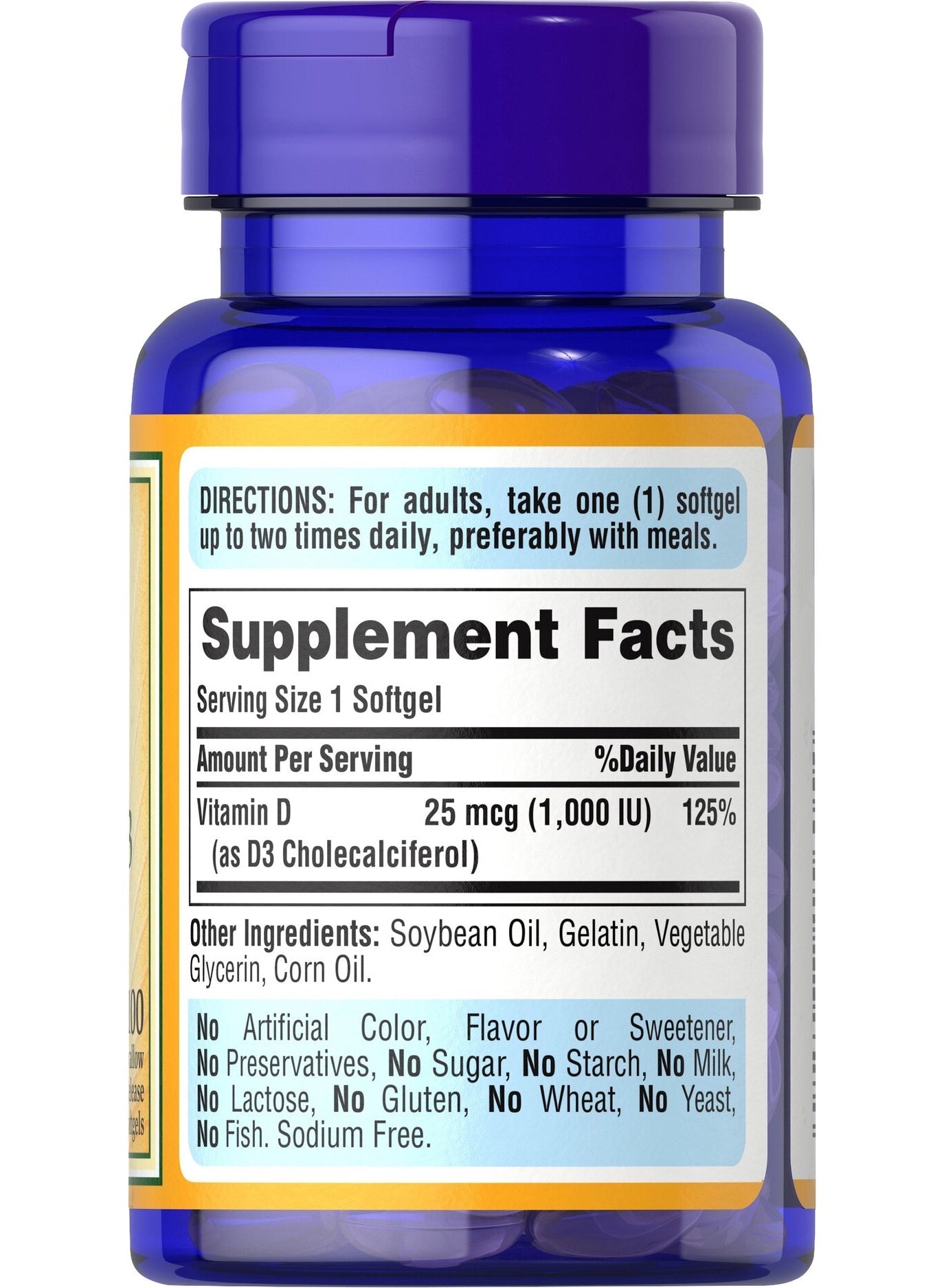 Puritan's Pride Vitamin D3 1000 Iu 100 Softgels - Package Color May Vary