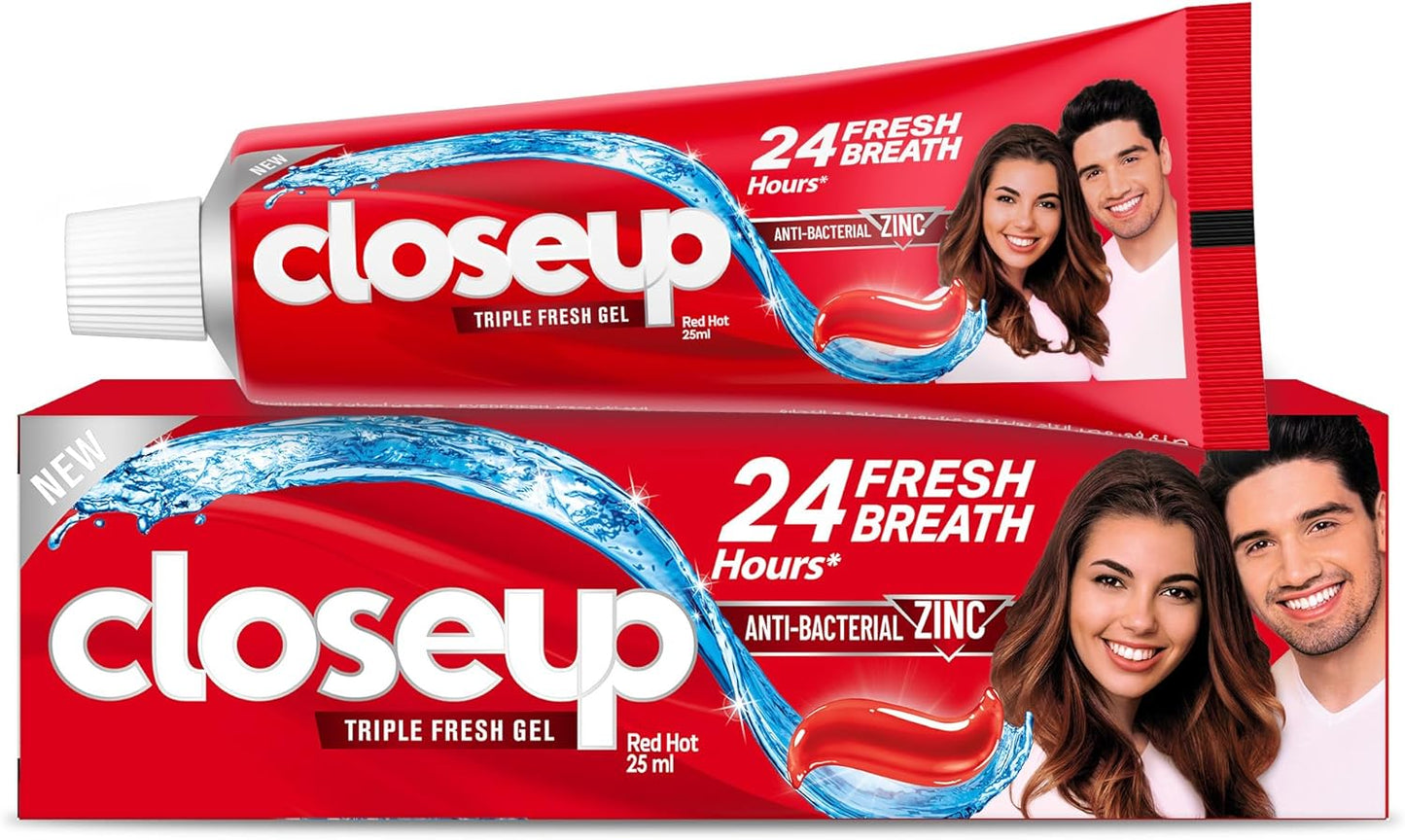 CLOSE UP Triple Fresh Gel Toothpaste, for 12 hours fresh breath, Red Hot Flavor, With Antibacterial Mouthwash & Microshine Crystals, 25ml