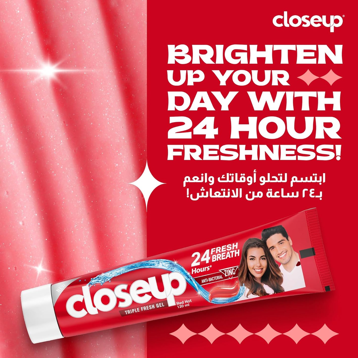 CLOSE UP Triple Fresh Gel Toothpaste, for 12 hours fresh breath, Red Hot Flavor, With Antibacterial Mouthwash & Microshine Crystals, 25ml