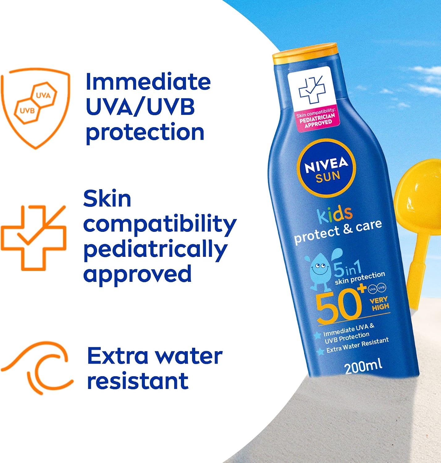 NIVEA SUN Kids Lotion, UVA & UVB Protection, Protect & Play Moisturizing, SPF 50+, 200ml
