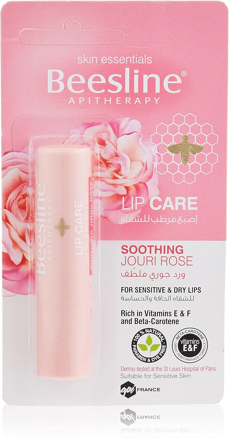 Beesline Lip Care, Soothing Jouri Rose for Sensitive & Dry Lips, Rich in Vitamins E & F and Beta-Carotene, Paraben & Dye Free, Suitable for Sensitive Skin, 4g