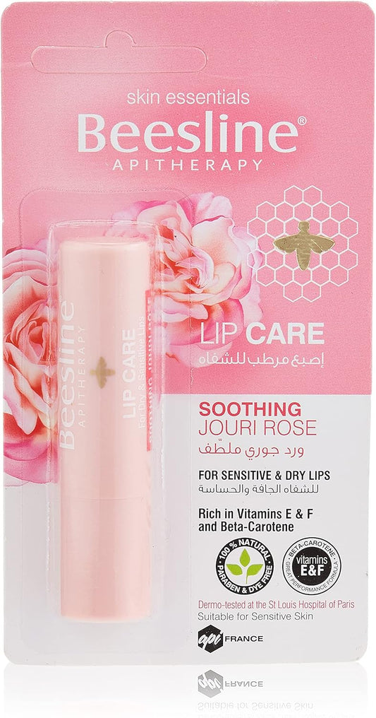 Beesline Lip Care, Soothing Jouri Rose for Sensitive & Dry Lips, Rich in Vitamins E & F and Beta-Carotene, Paraben & Dye Free, Suitable for Sensitive Skin, 4g