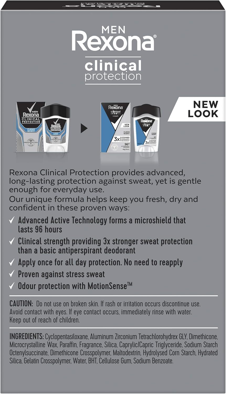 Rexona Men Clinical Antiperspirant Cream Stick Deodorant Clean Scent, 45ml, 96 Hour Protection