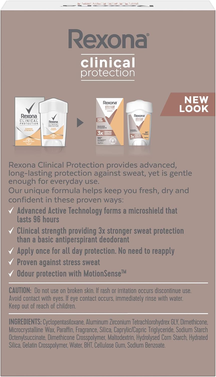 Rexona Women Clinical Antiperspirant Cream Stick Deodorant Summer Strength, 45ml, 96 Hour Protection