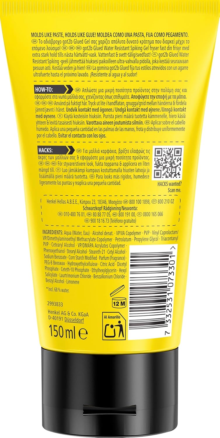 got2b Glued Water Resistant Spiking Gel 150 ml, Glued Spiking Gel for up to 72h Ultra Strong Hold, Water & Sweatproof, For Extreme Hairstyles, Vegan* Formula