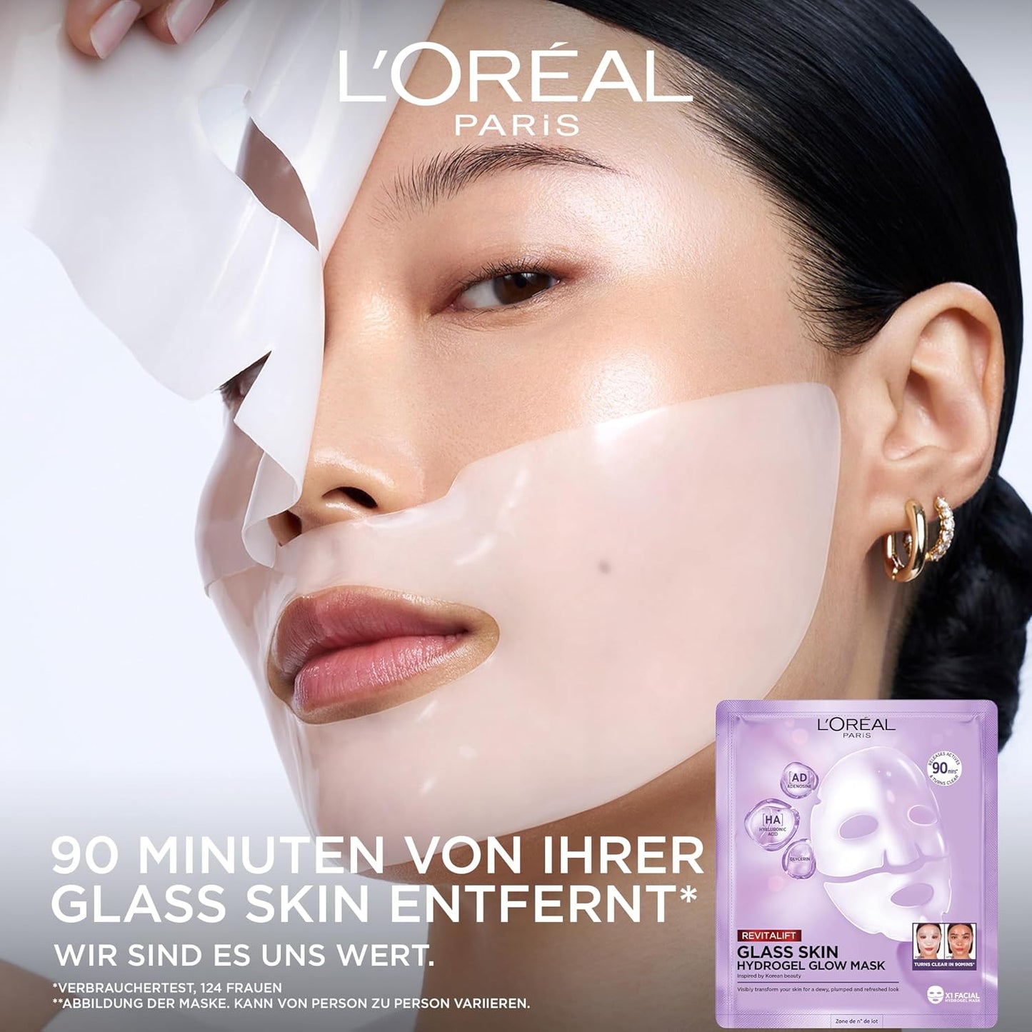 L'Oréal Paris Glass Skin Hydrogel Mask, for Plumped & Glowy Skin, Moisturising & Smoothing, [with Hyaluronic Acid, Glycerine and Centella Asiatica], Revitalift Filler, Single Mask 25 g
